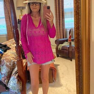 Nautica Hot Pink Sheer Crochet Hooded Swim Cover-Up